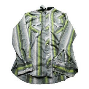 Wrangler Men's Western Shirt Size Medium Green Striped Long‎ Sleeve Pearl Snap